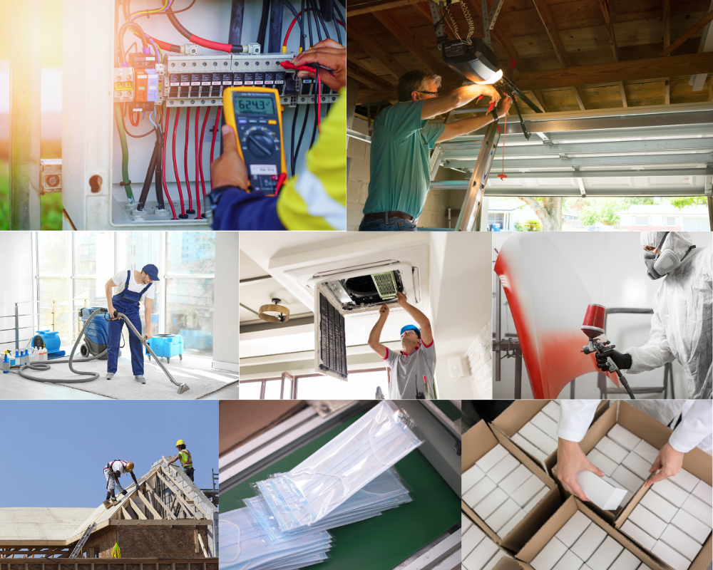 Collage of pictures of local based service businesses: Electrician, Home Cleaning Service, General Contractor, HVAC, Auto Repair.