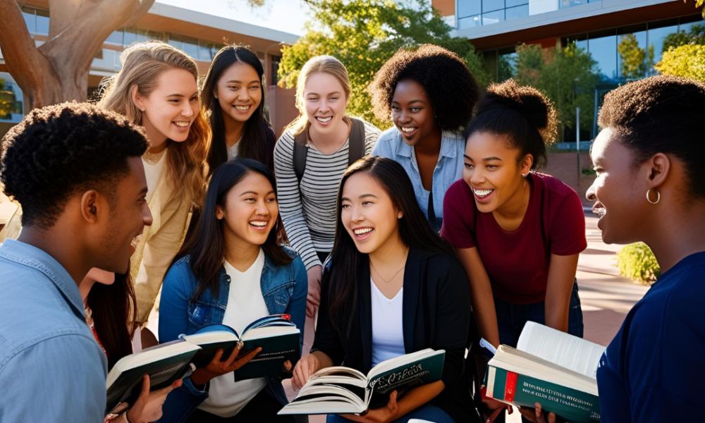Students reading books in a patio at college