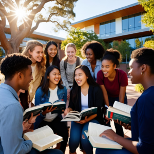 Students reading books in a patio at college